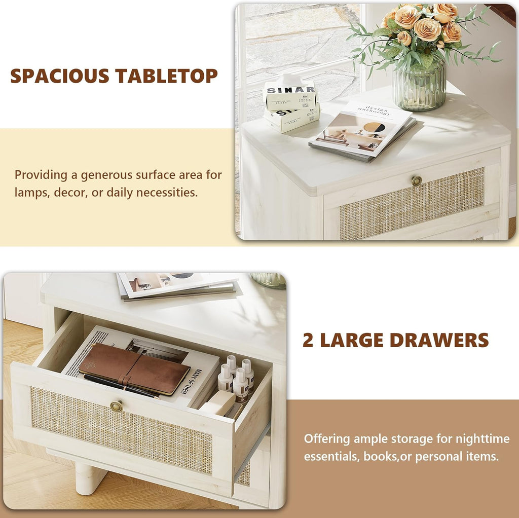 LAZZO White Nightstands Set of 2 with Rattan Drawers, Modern Bedside Table | 23.6 inch Night Stand with Large Storage Space for Bedroom Living Room Office, White Oak Texture, 4 Vintage Brass Handles