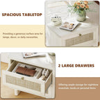 LAZZO White Nightstands Set of 2 with Rattan Drawers, Modern Bedside Table | 23.6 inch Night Stand with Large Storage Space for Bedroom Living Room Office, White Oak Texture, 4 Vintage Brass Handles