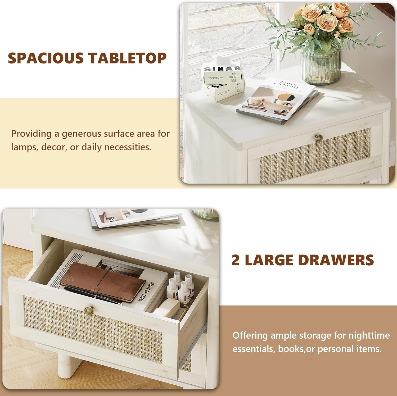 LAZZO White Nightstands Set of 2 with Rattan Drawers, Modern Bedside Table | 23.6 inch Night Stand with Large Storage Space for Bedroom Living Room Office, White Oak Texture, 4 Vintage Brass Handles