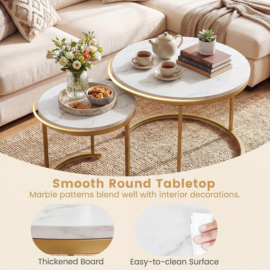 GOFLAME Nesting Coffee Tables Set of 2, Stacking Round Center Table with Wooden Tabletop & Powder Coated Steel Frame, Living Room Coffee End Table Set for Apartment, Bedroom (White & Gold)