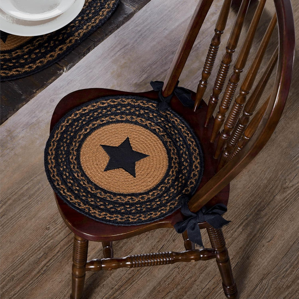 VHC Brands Farmhouse Star Primitive Chair Pad Seat Cushion, Round, Braided Jute, Black Tan, 15 inch, Set of 8