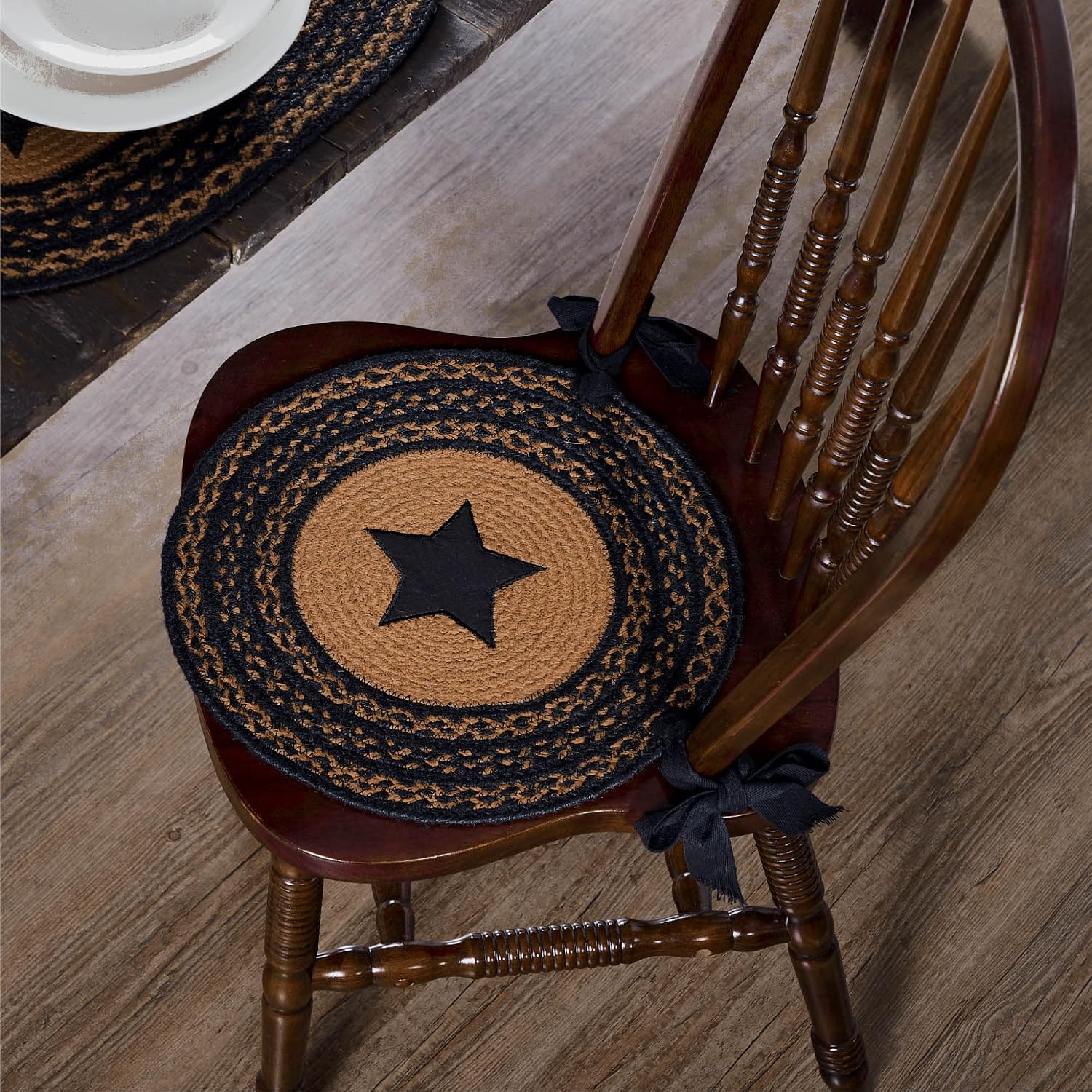 VHC Brands Farmhouse Star Primitive Chair Pad Seat Cushion, Round, Braided Jute, Black Tan, 15 inch, Set of 8