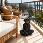 Animal Resin Side Table, Monkey Base Glass Top Side Table, Art Deco Style, Suitable for Gardens, Courtyards, Living Rooms, and Gifting (13in)