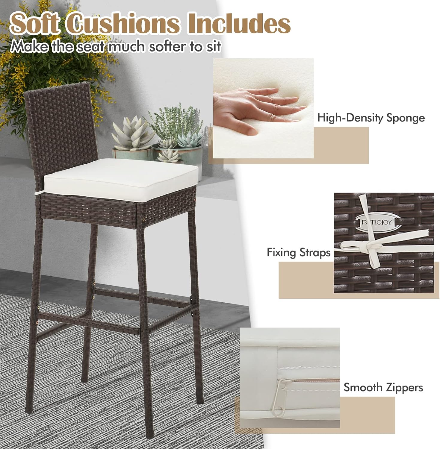 RELAX4LIFE Outdoor Bar Stools Set of 2 - Wicker Rattan Patio Barstools Tall Chairs w/Back, Footrest, Seat Cushions & Metal Frame, 400LBS Weight Capacity, 30’’ Counter Height Bar Stools (1, Mix Brown)