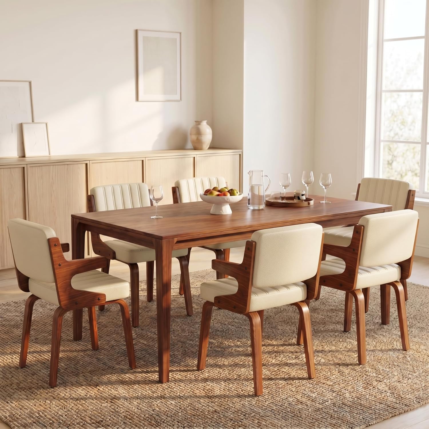 Dining Chairs Set of 6, Mid Century Modern Faux Leather Upholstered Kitchen Chair with Ergonomic Sponge Backrest, Hanging Bentwood Armrests for Kitchen Dining Room, Beige