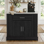 40“ L Black Kitchen Island with A 14.5” W Folding Faux Marble Tabletop, Wooden Kitchen Island with Power Outlet, Storage Cabinet & Drawer and Open Adjustable Shelving