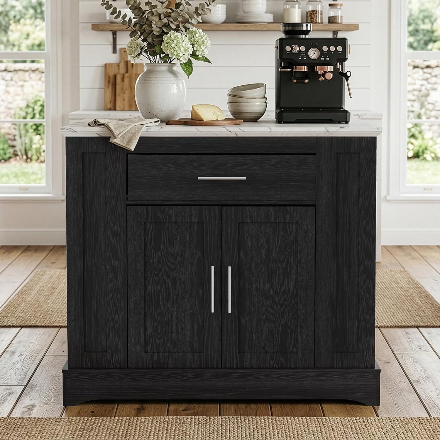 40“ L Black Kitchen Island with A 14.5” W Folding Faux Marble Tabletop, Wooden Kitchen Island with Power Outlet, Storage Cabinet & Drawer and Open Adjustable Shelving