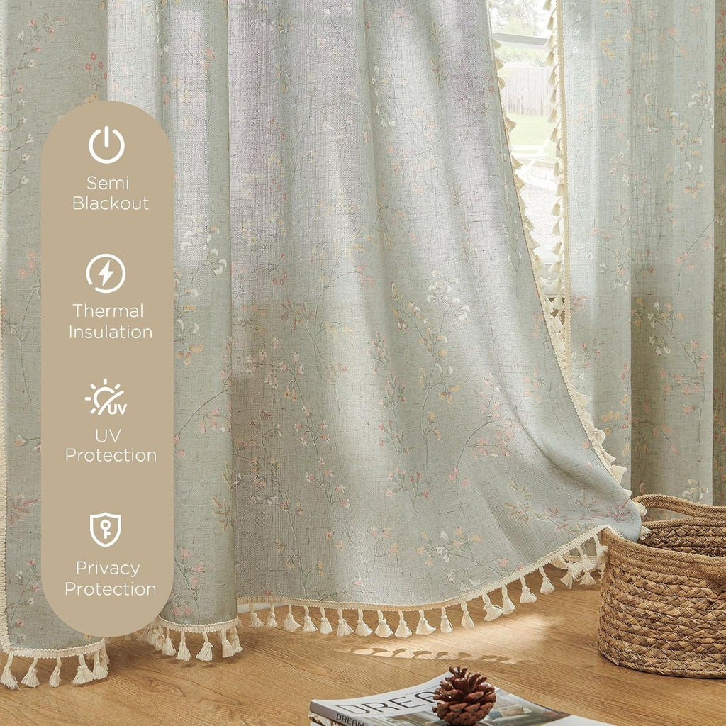 Joydeco Blue Floral Boho Curtains 96 Inches Long 2 Panels, Super Soft Bohemian Farmhouse Curtains with Tassels, Semi Sheer Light Filtering Drapes for Bedroom Living Room (Rod Pocket, 52Wx96L)