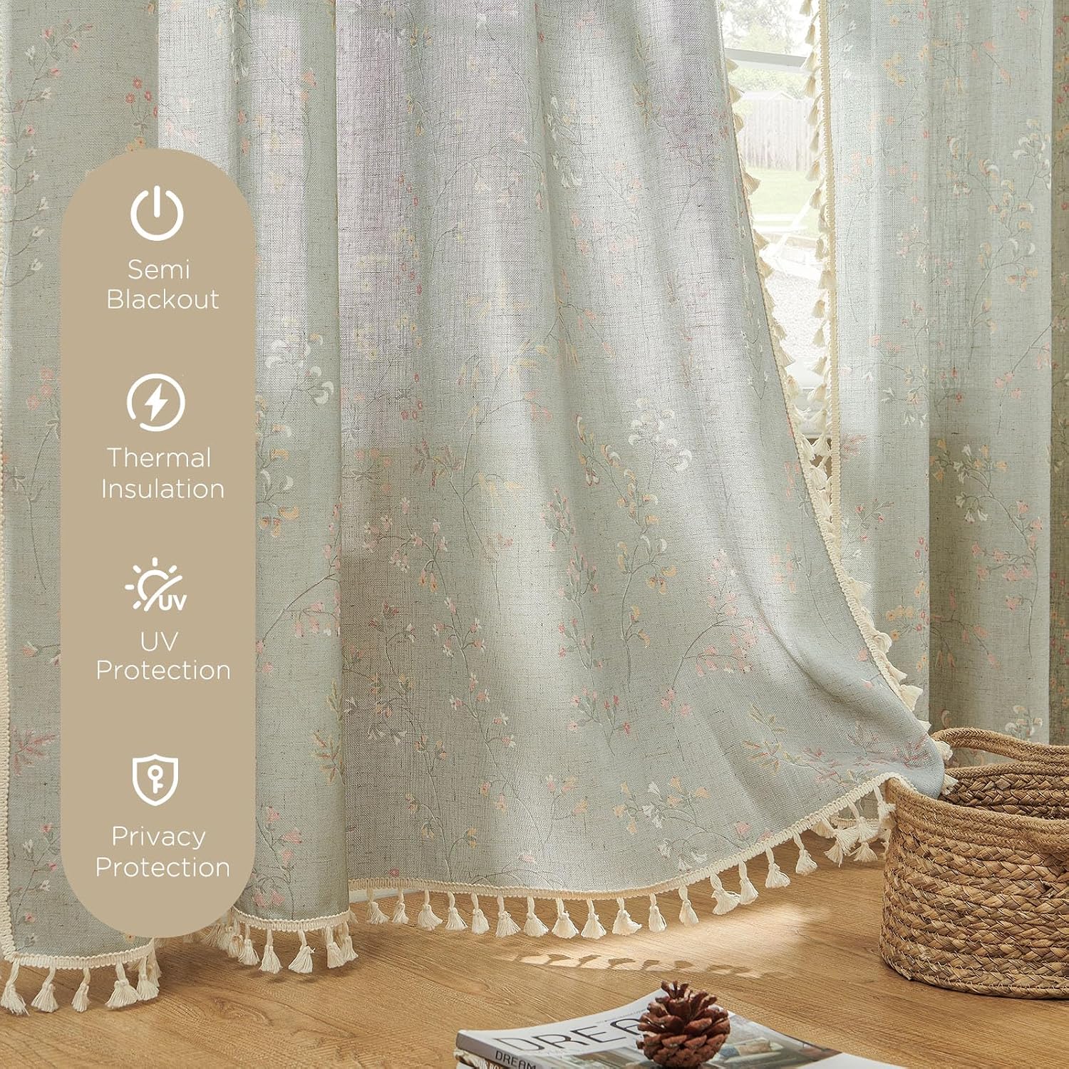 Joydeco Blue Floral Boho Curtains 96 Inches Long 2 Panels, Super Soft Bohemian Farmhouse Curtains with Tassels, Semi Sheer Light Filtering Drapes for Bedroom Living Room (Rod Pocket, 52Wx96L)
