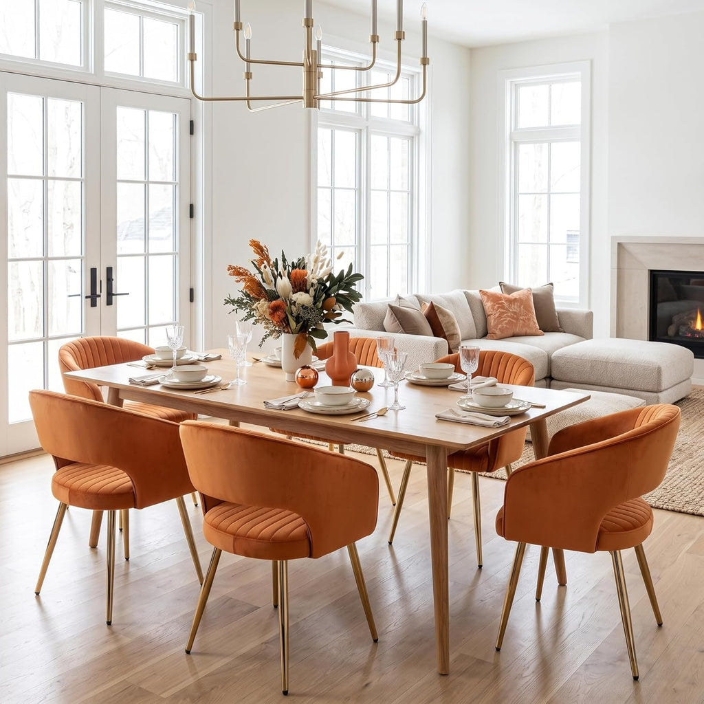 Orange Velvet Dining Chairs Gold Legs, Modern Dining Room Chairs with Arms Set of 6 Upholstered Accent Chair Armchair with Barrel Back for Kitchen Living Room