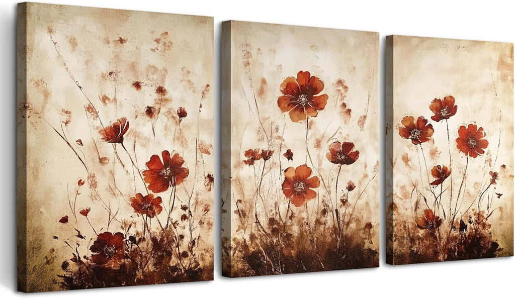 TTHYUEWS Boho Wall Decor for Bedroom Canvas Wall Art for Living Room Office Decorations Flowers Wall Pictures Watercolour Paintings Artwork Modern Aesthetic Bathroom Home Decor 3 Piece Ready To Hang