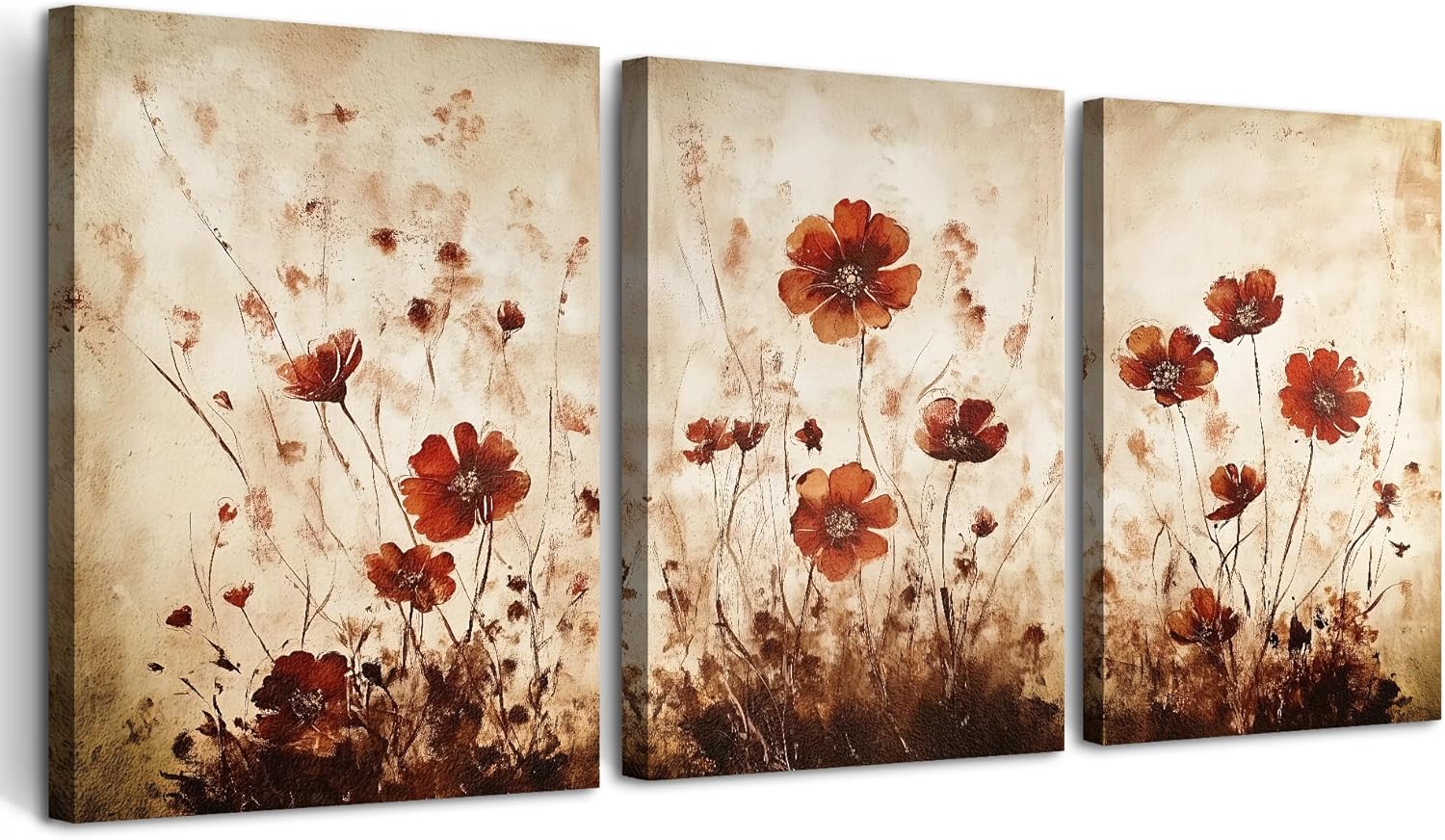 TTHYUEWS Boho Wall Decor for Bedroom Canvas Wall Art for Living Room Office Decorations Flowers Wall Pictures Watercolour Paintings Artwork Modern Aesthetic Bathroom Home Decor 3 Piece Ready To Hang
