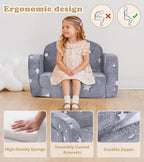 Kids Couch, 2-in-1 Soft Toddler Couch Fold Out with with Blanket and Cloud Pillow, Glow in The Dark, Toddler Chair Comfy, Convertible Sofa, Gifts for Kids Girl Boys, Medium Grey Star