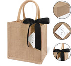 6 Pack Burlap Tote Bags with Handles Reusable Small Jute Gift Bags with Black Silk Ribbons Waterproof Lining for Wedding Bridesmaid Mother's Day Bachelorette Beach Party