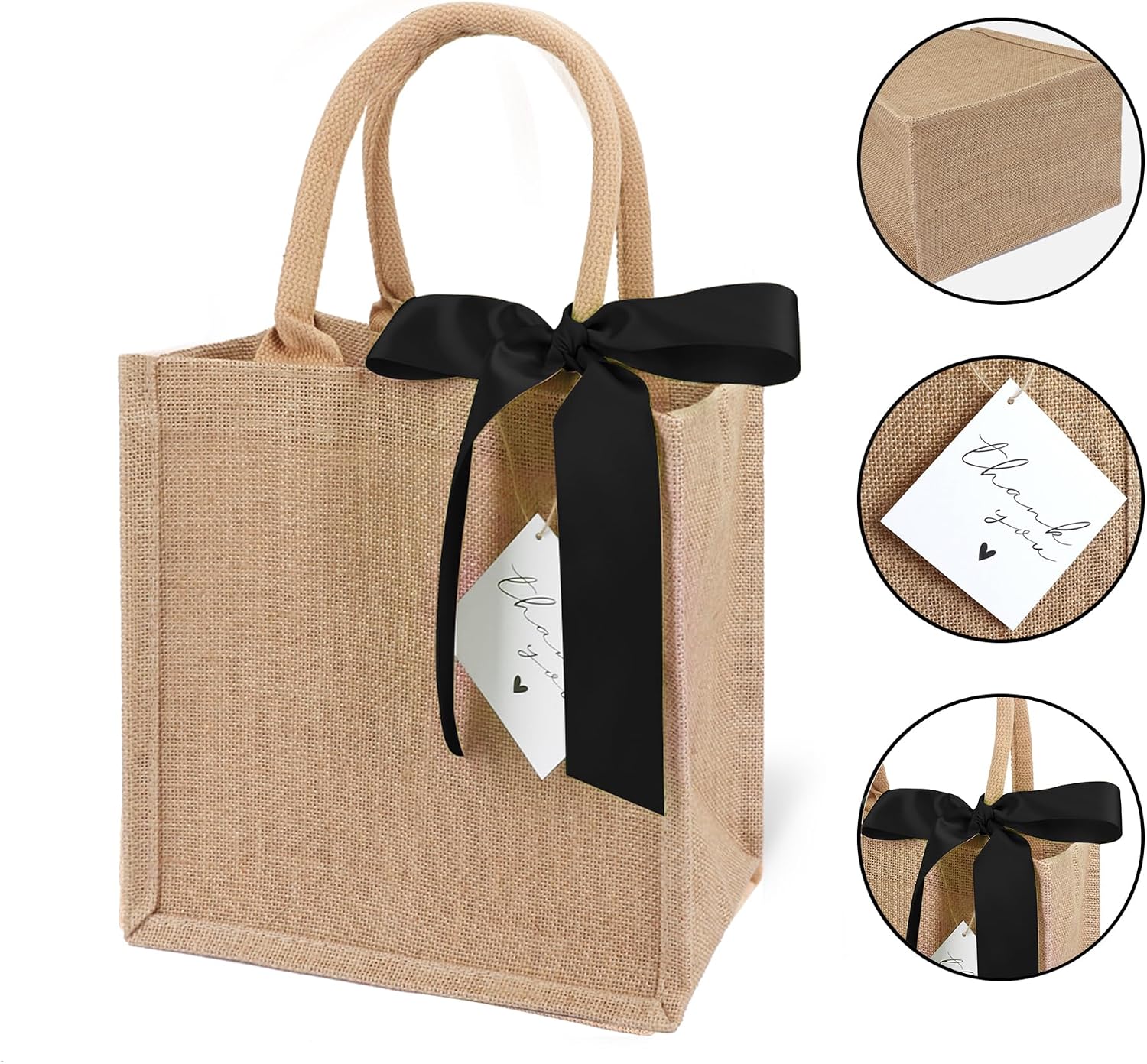 6 Pack Burlap Tote Bags with Handles Reusable Small Jute Gift Bags with Black Silk Ribbons Waterproof Lining for Wedding Bridesmaid Mother's Day Bachelorette Beach Party