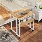 GreenForest Folding Desk with Wheels, 24.8 Inch Compact Rolling Computer Table with Storage Shelf, Portable Mobile Workstation for Small Spaces, Easy Assembly, Oak