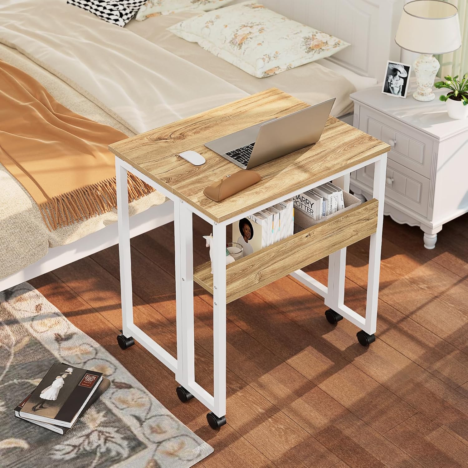 GreenForest Folding Desk with Wheels, 24.8 Inch Compact Rolling Computer Table with Storage Shelf, Portable Mobile Workstation for Small Spaces, Easy Assembly, Oak
