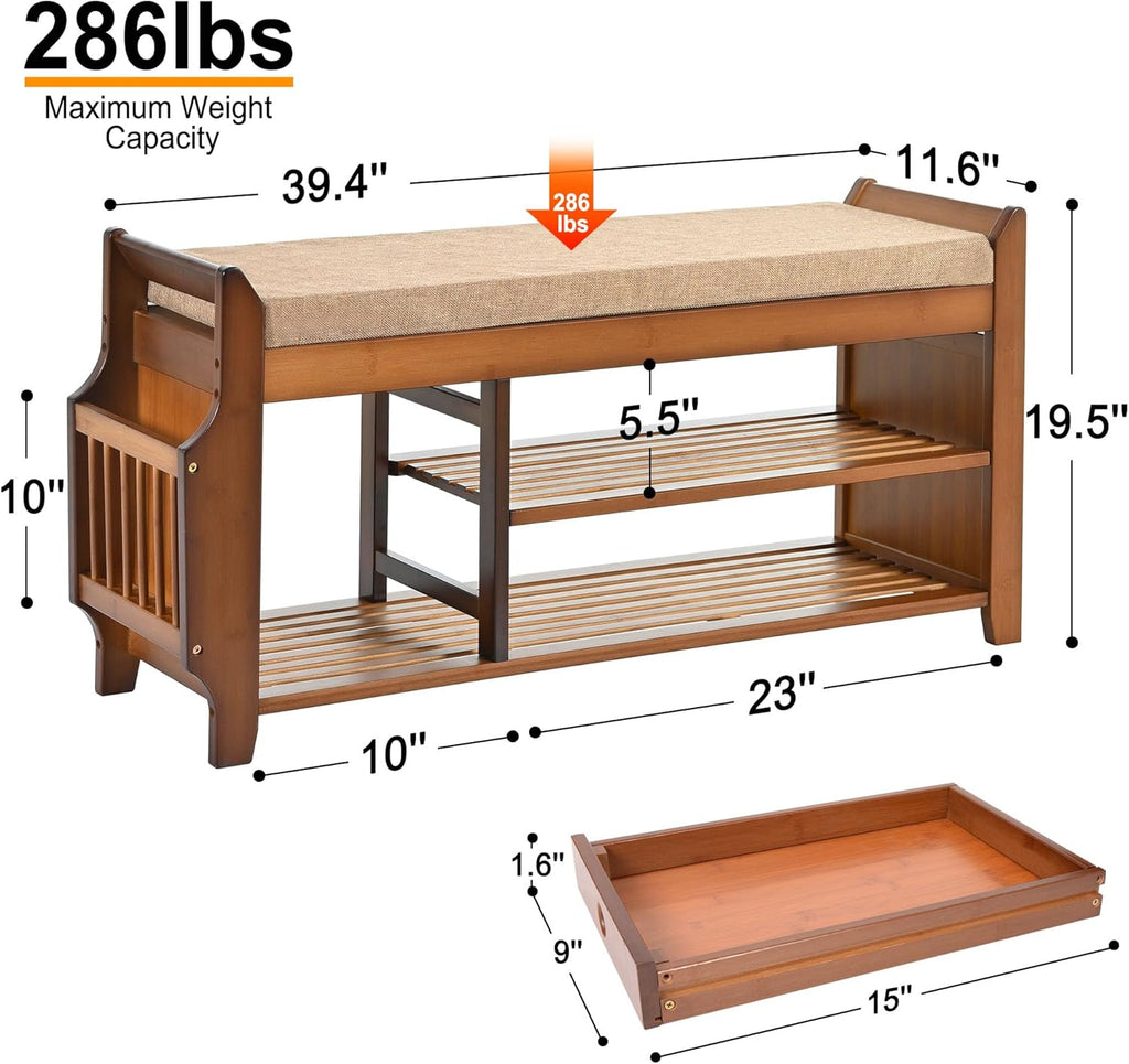 PETKABOO Shoe Bench with Hidden Drawer and Side Holder, 2 Tier Entryway Bench with Storage 39.4 in, Bamboo Shoe Rack with Cushion for Entryway Hallway Living Room Bedroom