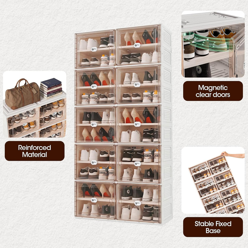 32 Pairs Shoes Storage Cabinet of 3-Step Fast Installation,Plastic Shoe Rack with Clear Magnetic Door for Display, Shoe Organizer for Sneaker, Sandals, Heels (2 Row, 8 Tier)