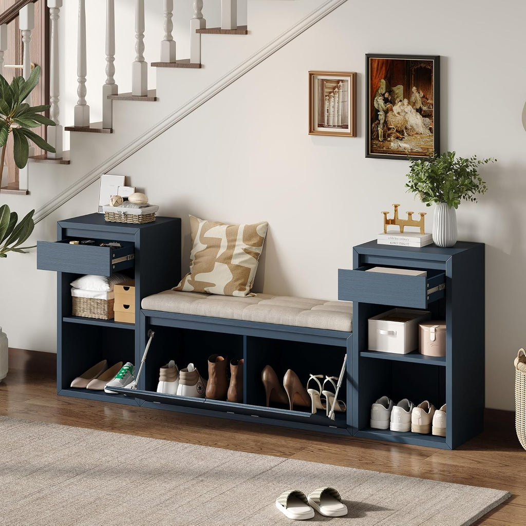 Entryway Bench with Shoe Storage, Solid Wood Shoe Bench with Cushion and Drawers, Open Shelves, Storage Bench for Entry Way, Living Room, Hallway, Antique Navy