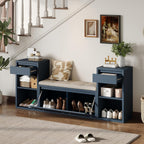 Entryway Bench with Shoe Storage, Solid Wood Shoe Bench with Cushion and Drawers, Open Shelves, Storage Bench for Entry Way, Living Room, Hallway, Antique Navy
