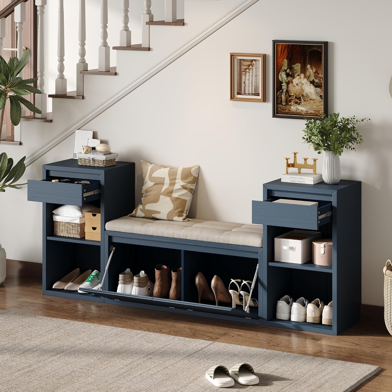 Entryway Bench with Shoe Storage, Solid Wood Shoe Bench with Cushion and Drawers, Open Shelves, Storage Bench for Entry Way, Living Room, Hallway, Antique Navy