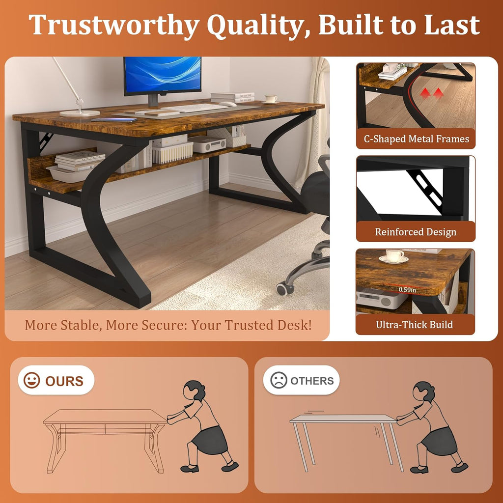 AZN Computer Desk, 47x24 in Computer Desk, Office Desk w/Storage & U-Size Metal Frame for Home Office Bedroom Gaming, Office Desk w/Water-Resistant, Scratchproof Surface, Brown