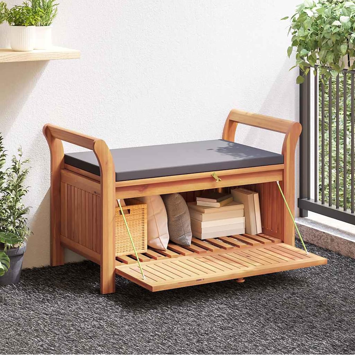 Gecheer Garden Storage Bench with Cushion – 91 cm Solid Acacia Wood Outdoor Bench with Ample Storage Space and Dark Grey Foam Cushion
