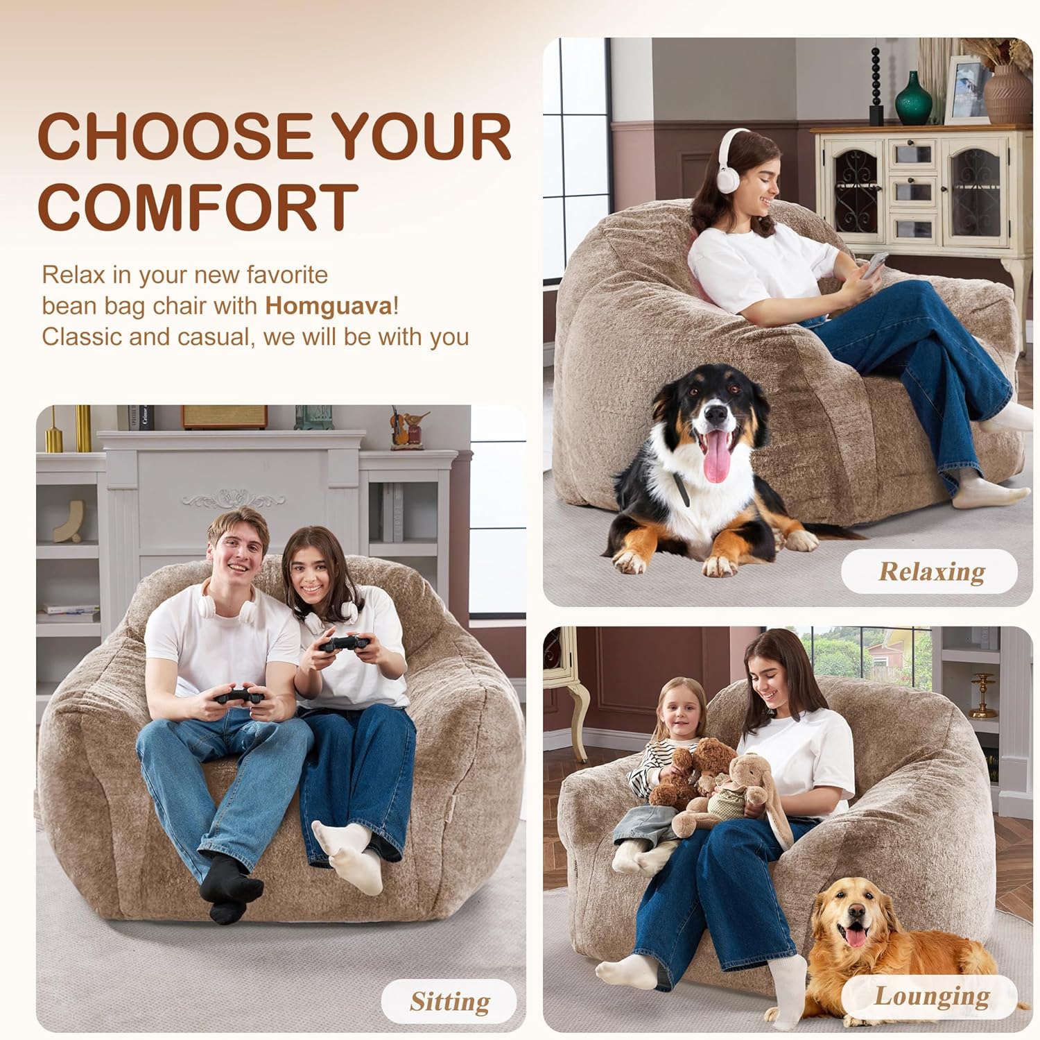 Homguava Bean Bag Chair Bean Bag Chairs for Adults Comfy Beanbag Chair with Spacious Design Giant Bean Bag Couch with Armrest Large Bean Bag Chair with Filler for Living Room Bedroom (Khaki)
