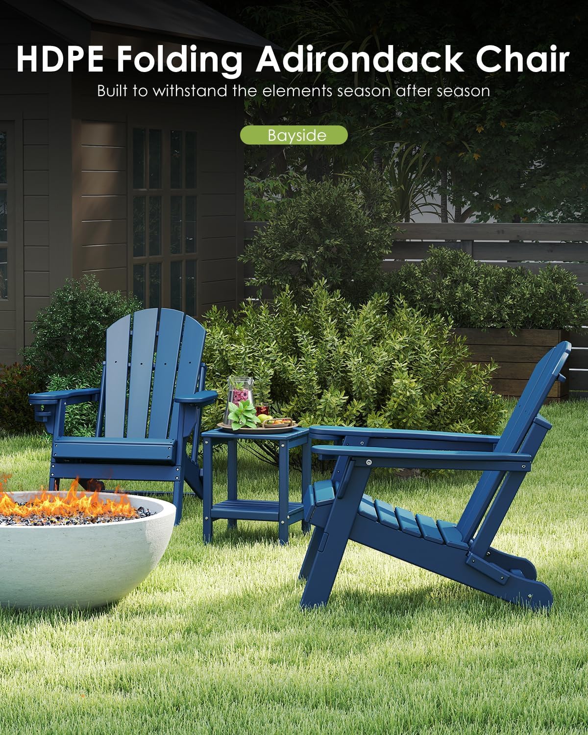 GREENVINES Folding-Adirondack-Chairs-Set-of-2 | HDPE Plastic | Fire Pit Chair | All Weather | Cup Holder | Blue | for Deck Backyard Patio Outdoor Garden