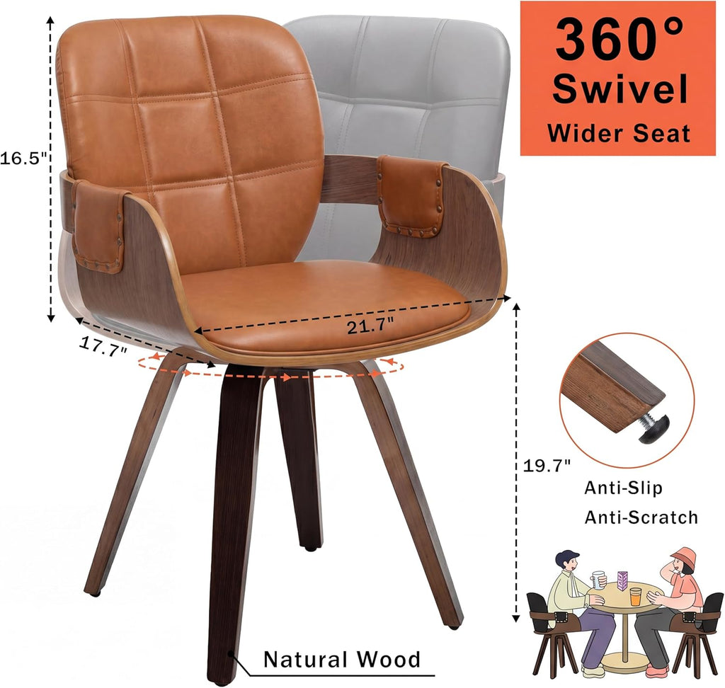 Set of 2 Mid Century Modern Chairs, Walnut Brown | Swivel Dining Chairs, With Arms and Curved Back, Faux Leather, Reception Room Chairs