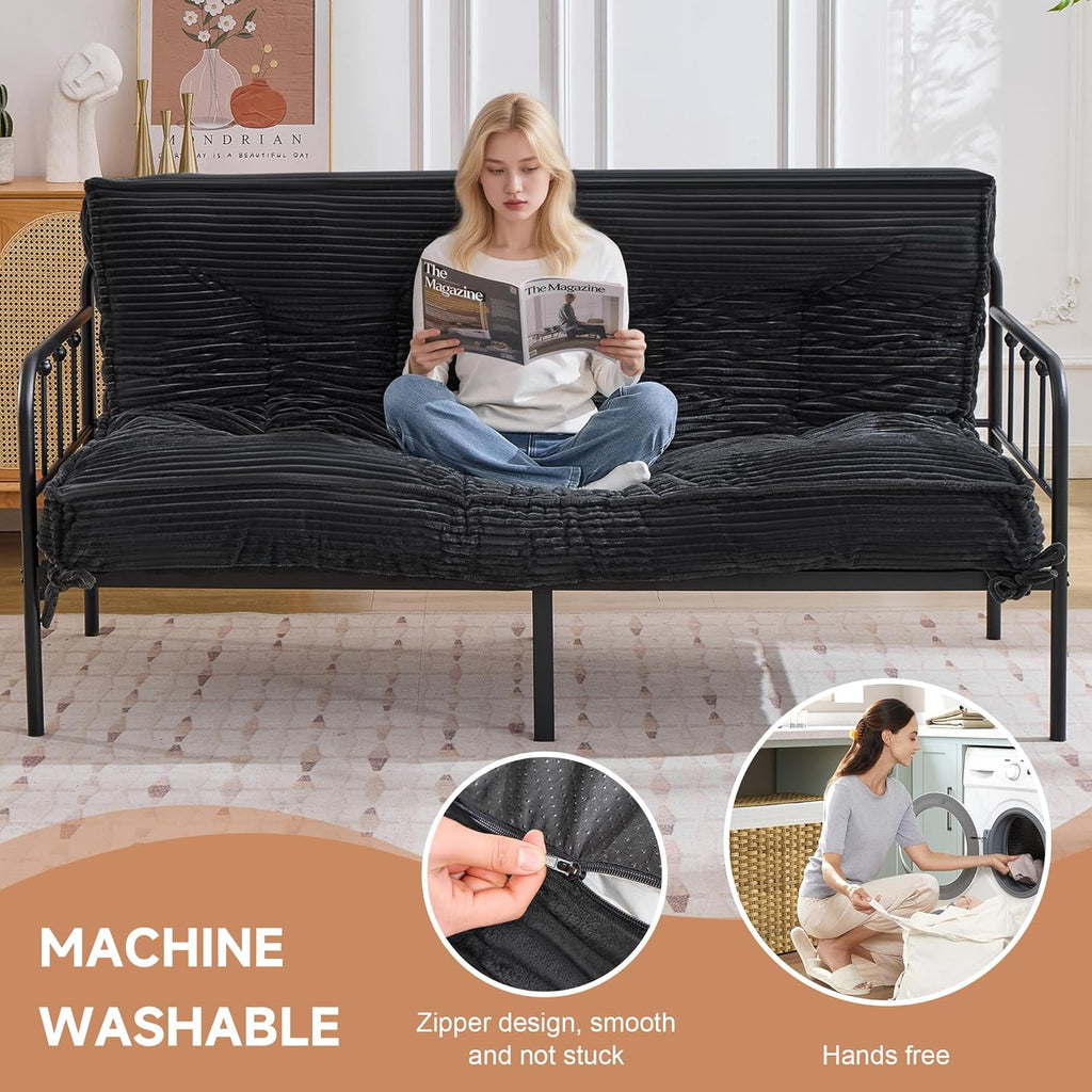 8" Futon Mattress Queen Size,Foldable Futon Sofa Couch Bed Twisted Rope Design Edging,Floor Mattress Thick Density Shredded Foam(Frame Not Included),Sleeping Pad for Guest Bedroom Living,Black