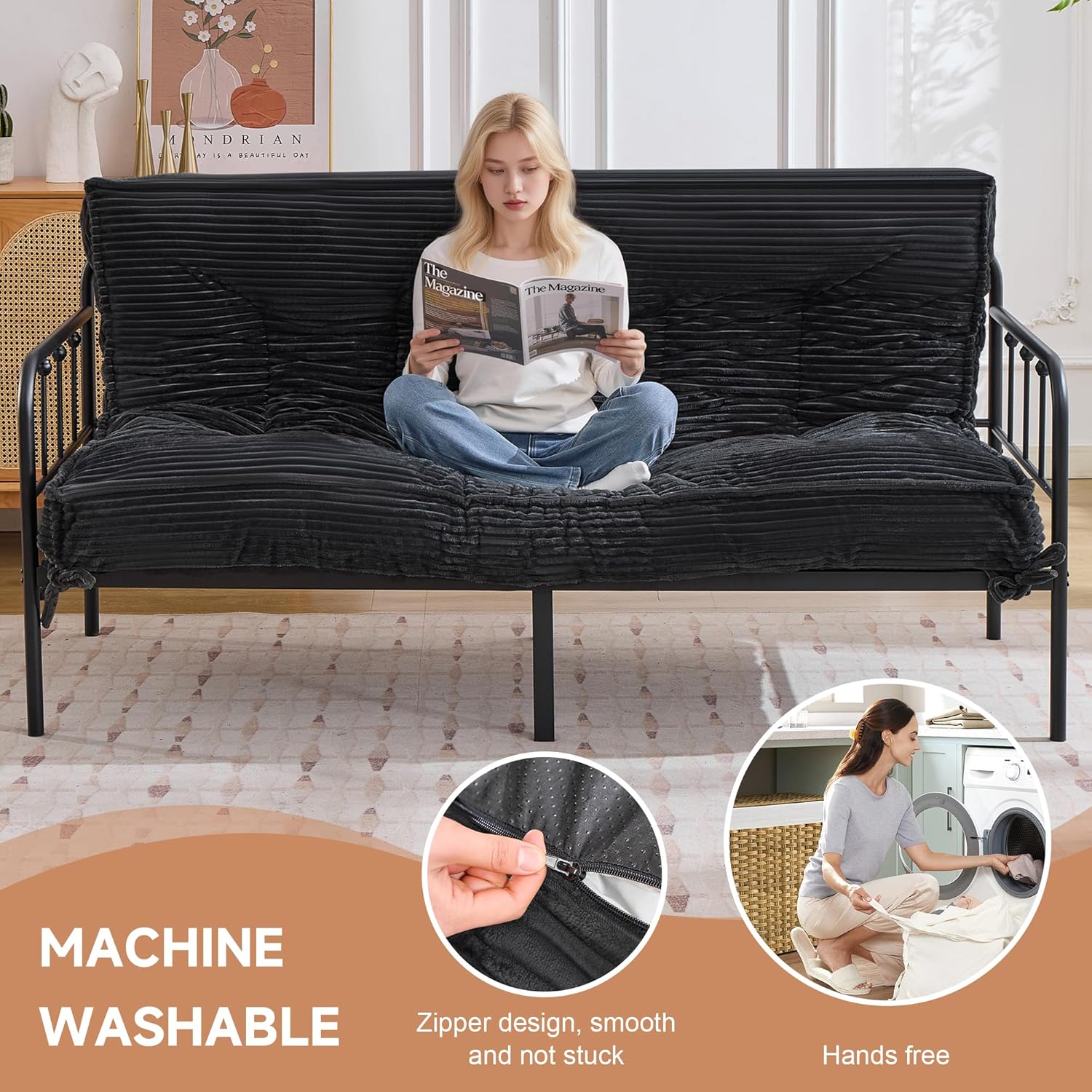 8" Futon Mattress Queen Size,Foldable Futon Sofa Couch Bed Twisted Rope Design Edging,Floor Mattress Thick Density Shredded Foam(Frame Not Included),Sleeping Pad for Guest Bedroom Living,Black
