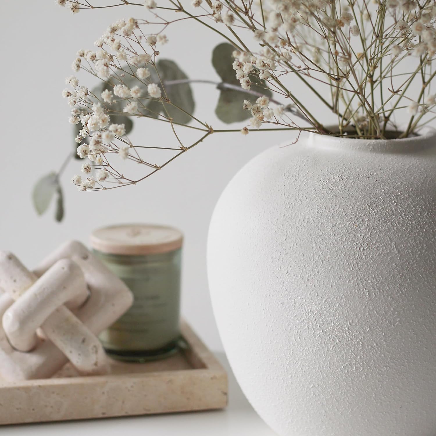 White Ceramic Vase 7.9 inch Round Minimalist Leak-Proof Vases for Flowers with Soft Pads, Modern Farmhouse Decor for Living Room