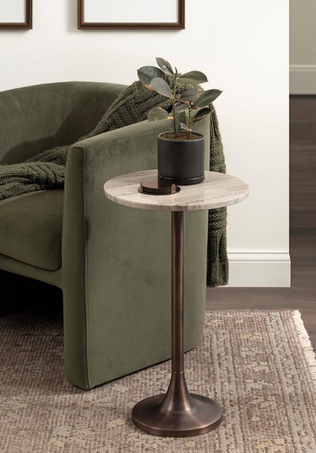 Kate and Laurel Baronet Glam Marble Round Side Table, 14 x 14 x 24, Morchana Marble and Bronze, Marble Top Circle End Table for Use as a Bedroom Nightstand or Living Room Plant Stand Option