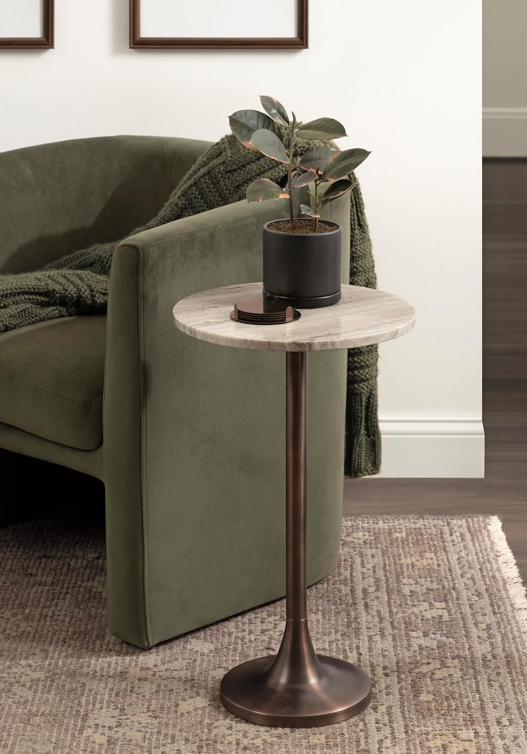Kate and Laurel Baronet Glam Marble Round Side Table, 14 x 14 x 24, Morchana Marble and Bronze, Marble Top Circle End Table for Use as a Bedroom Nightstand or Living Room Plant Stand Option