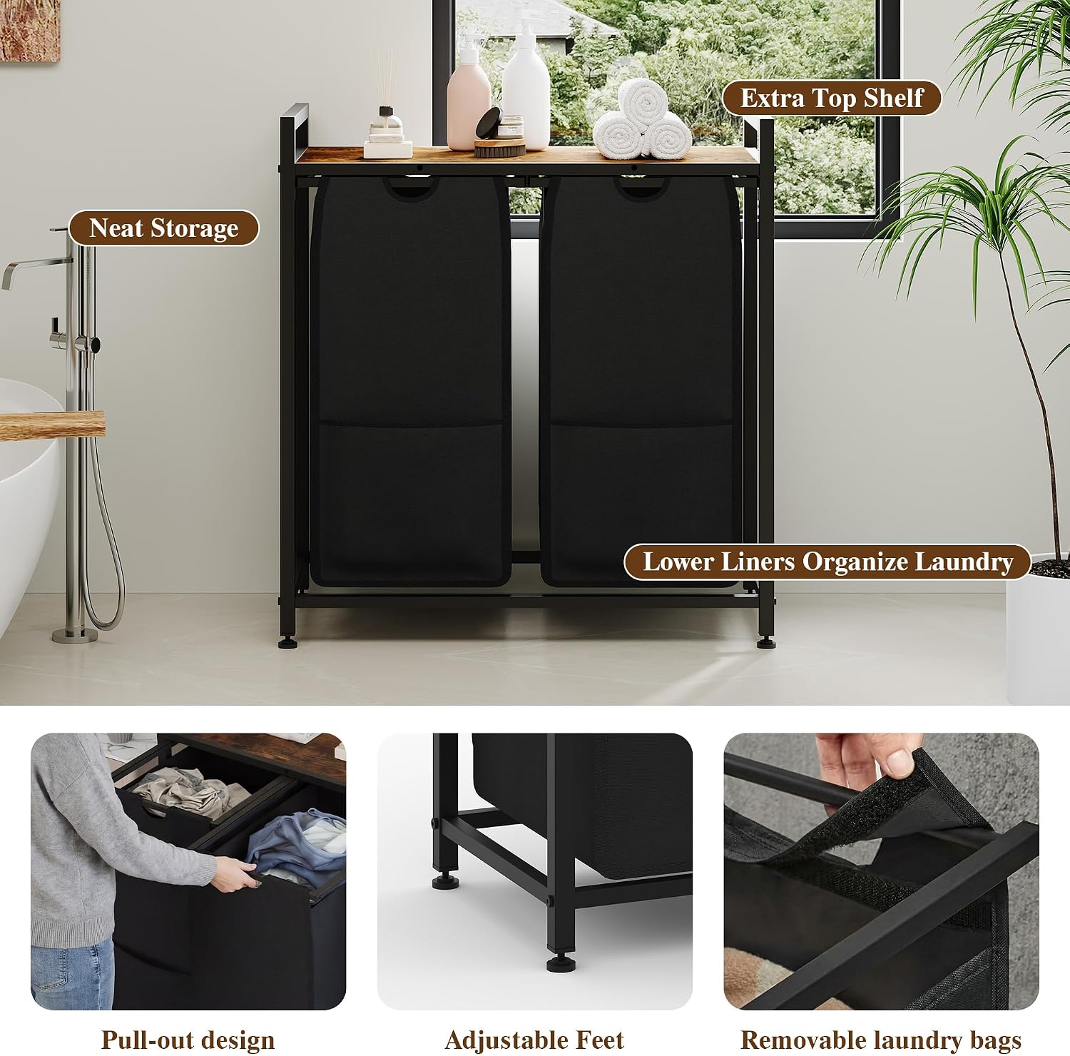 Laundry Sorter, Freestanding Black Hamper Basket, 2 Section Organizers and Storage, Pull-Out Fabric Bags, 100lb Capacity MDF Shelf, Metal Frame, 48L Bags, 26.8x13x28.5 Inch