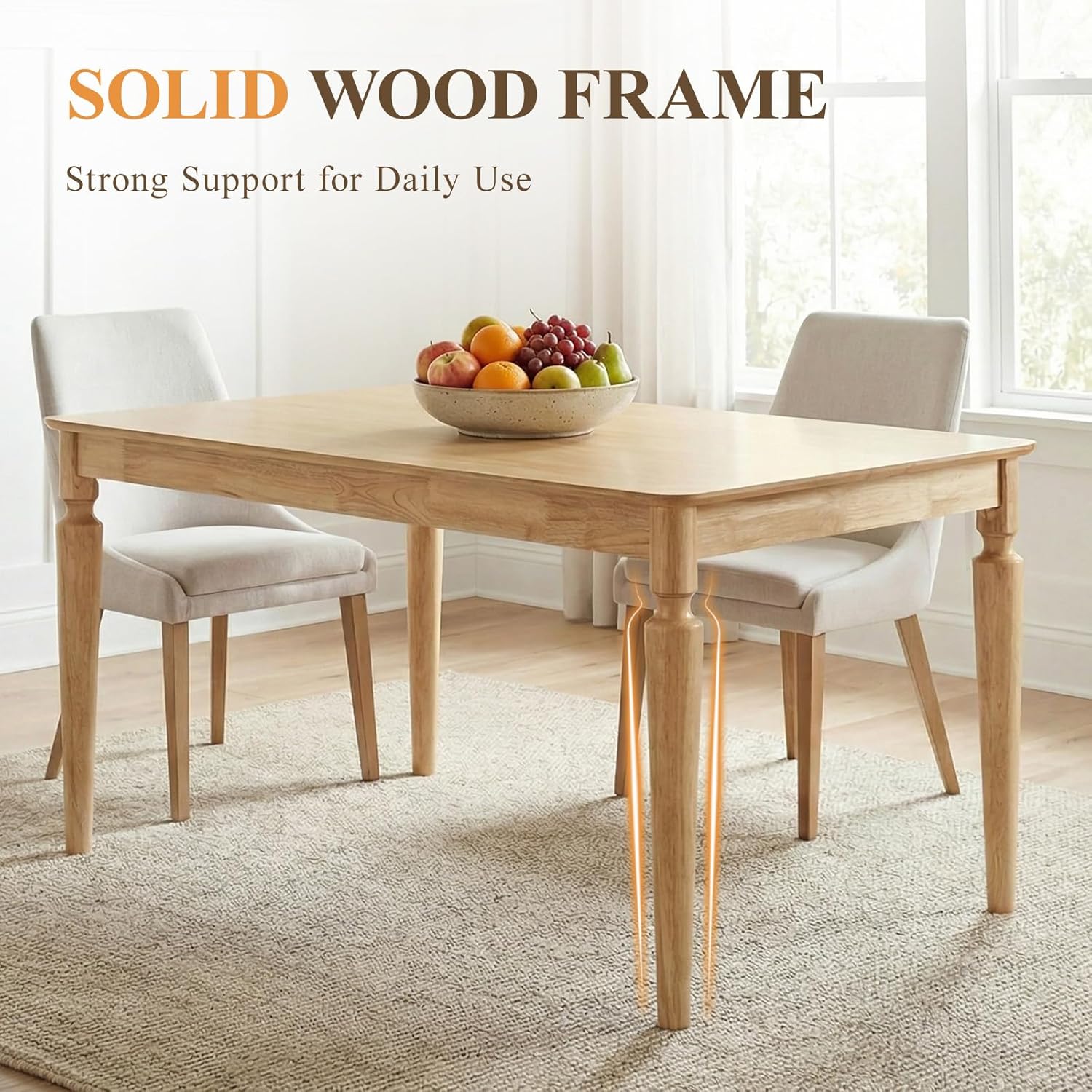 chairus 59" Solid Wood Dining Table for 4-6 People, Farmhouse Kitchen Table with Turned Legs, Sturdy Rectangular Wooden Dining Room Table for Kitchen, Dining Room & Family Gatherings, Natural Finish