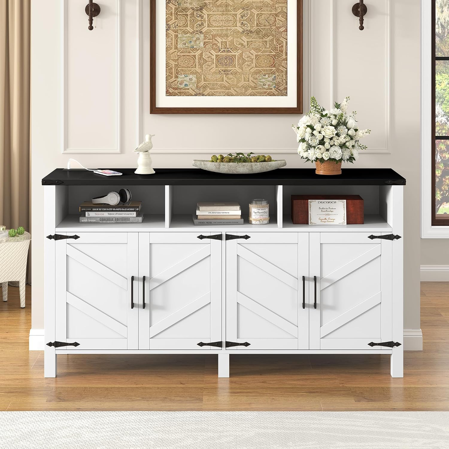 59'' Modern 4-Door Sideboard Buffet with Power Outlets & USB Ports,Adjustable Shelves and Half-Open Storage Cabinet,Metal Accents & Aluminum Handles for Living Room,Dining Room,Entryway (White+Black)