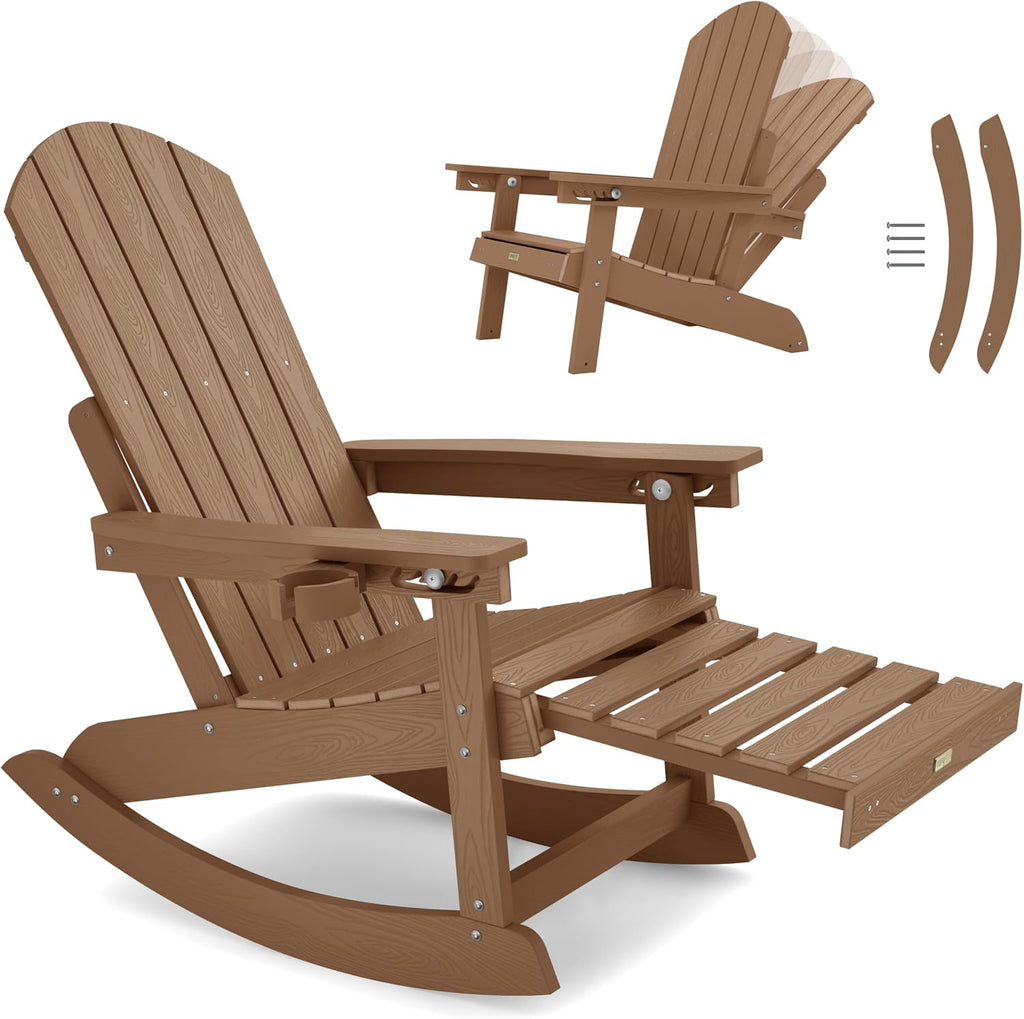 YEFU Adirondack Chairs with Retractable Ottoman: Oversize Adirondack Rocking Chairs - 5-Level Adjustable High Back - Outdoor Rocker with Cup Holder for Porch/Gardens/Lawn/Patio/Backyard/Teak