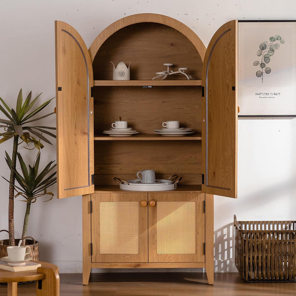 Kitchen Pantry Cabinet, Wooden Sideboard with Rattan Doors, Snacks Wine Accent Hutch Cabinet for Entryway Dining Room, Brown