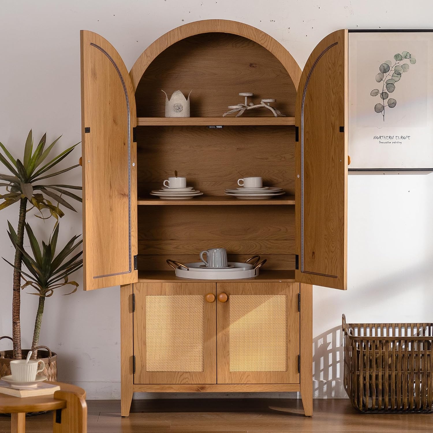 Kitchen Pantry Cabinet, Wooden Sideboard with Rattan Doors, Snacks Wine Accent Hutch Cabinet for Entryway Dining Room, Brown