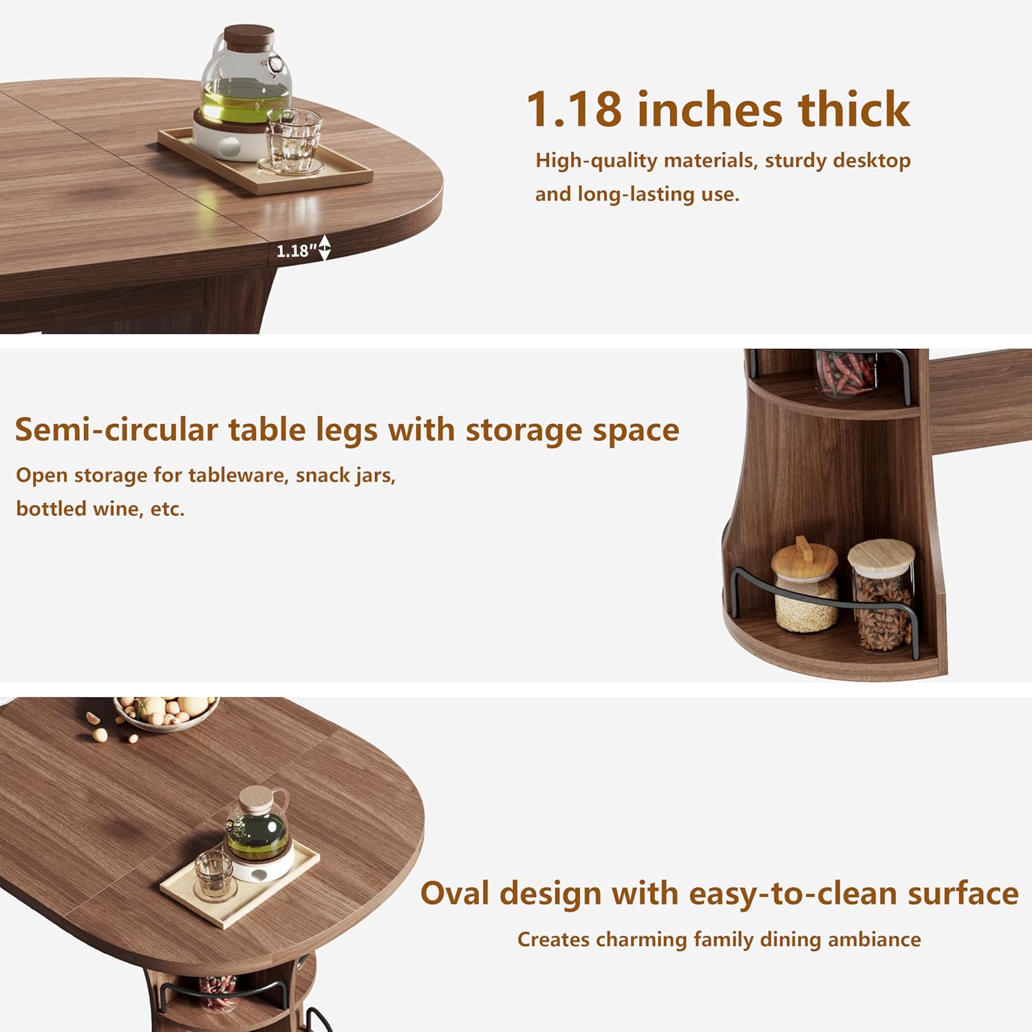 70.8" Dining Table for 4-6, Oval Kitchen Tables with Storage, Long Dinner Table with Curved Base, Modern Dining Room Tables for Living Room Gathering (Walnut)