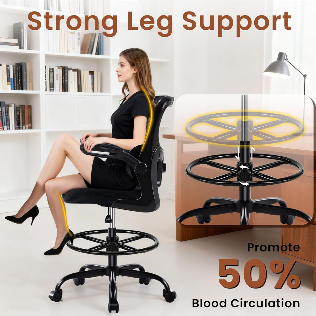 AreShark Drafting Office Chair - Ergonomic Tall Office Chair with Adjustable Footrest Ring - Counter Height Adjustable Rolling Standing Desk Chair with Lumbar Support and Flip-up Armrests for Home