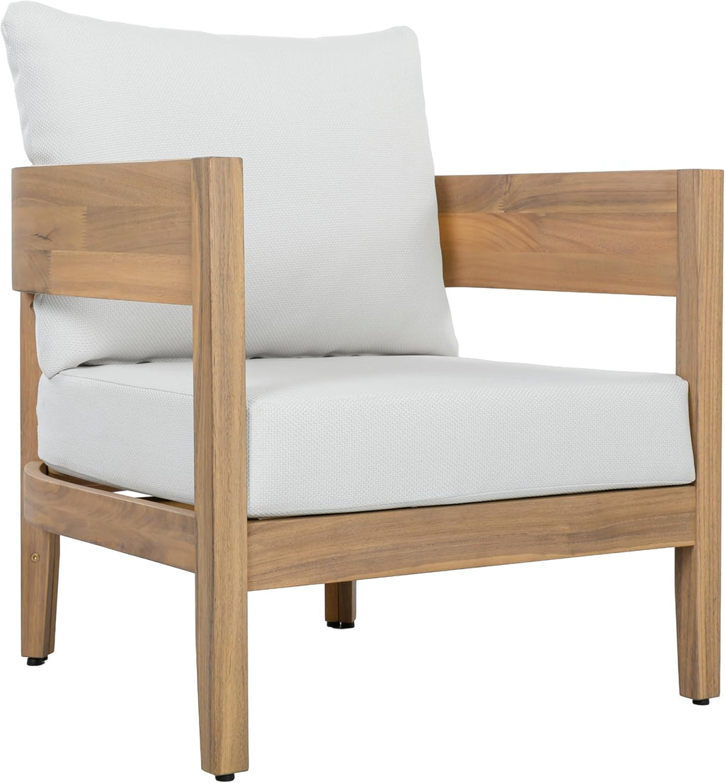SAFAVIEH Outdoor - Theo Armchair Set of 2 - Oak & Ivory - Solid Wood with Cushion - Mid-Century Slatted Frame Design - Ideal for Patio, Deck, Porch, Backyard, 15" Seat Height (PAT7087B-SET2)