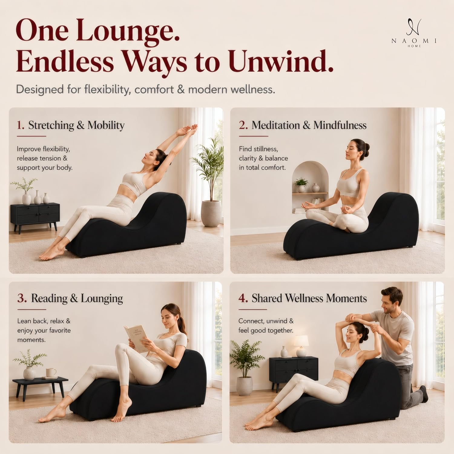 Naomi Home Yoga Chair for Adults - Ergonomic Yoga Chaise Lounge Bench, Wood & Metal Frame, 330 lb Capacity, Upholstered Microfiber Lounge for Deep Stretching, Relaxation & Creative Comfort - Black