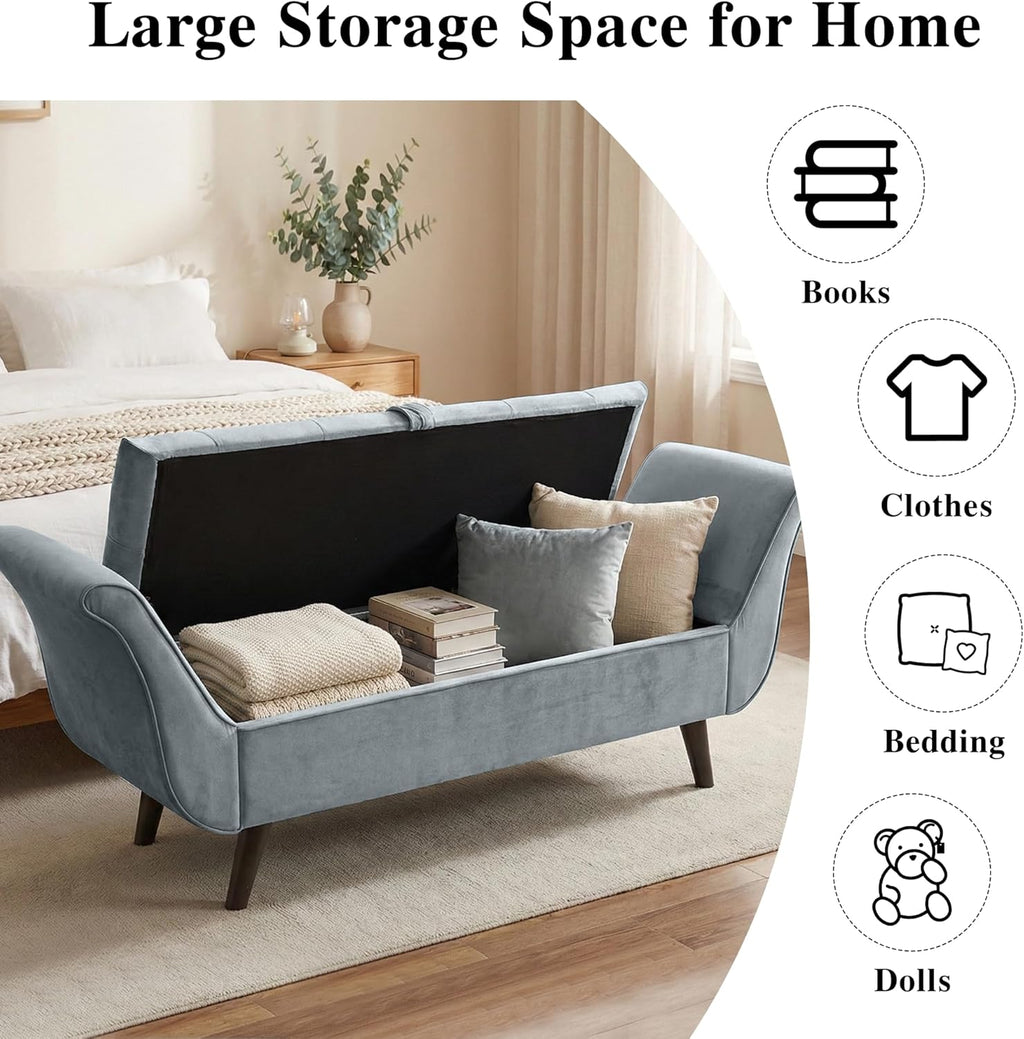 65" Velvet Storage Bench, 65" Vintage Upholstered Rolled Armed Button Tufted Stool Bench for Bedroom, Living Room, Entryway, Hallway, Dressing Room (Light Grey)