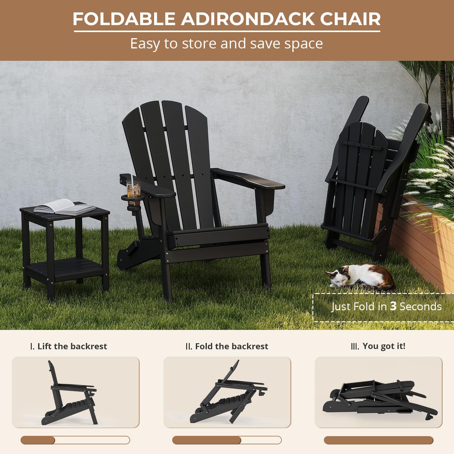 BRIOPAWS Folding-Adirondack-Chairs Set of 2 | HDPE Plastic | Fire Pit Chair | Cup Holder | Curved Back | All Weather| for Outdoor Backyard Deck Patio | Black