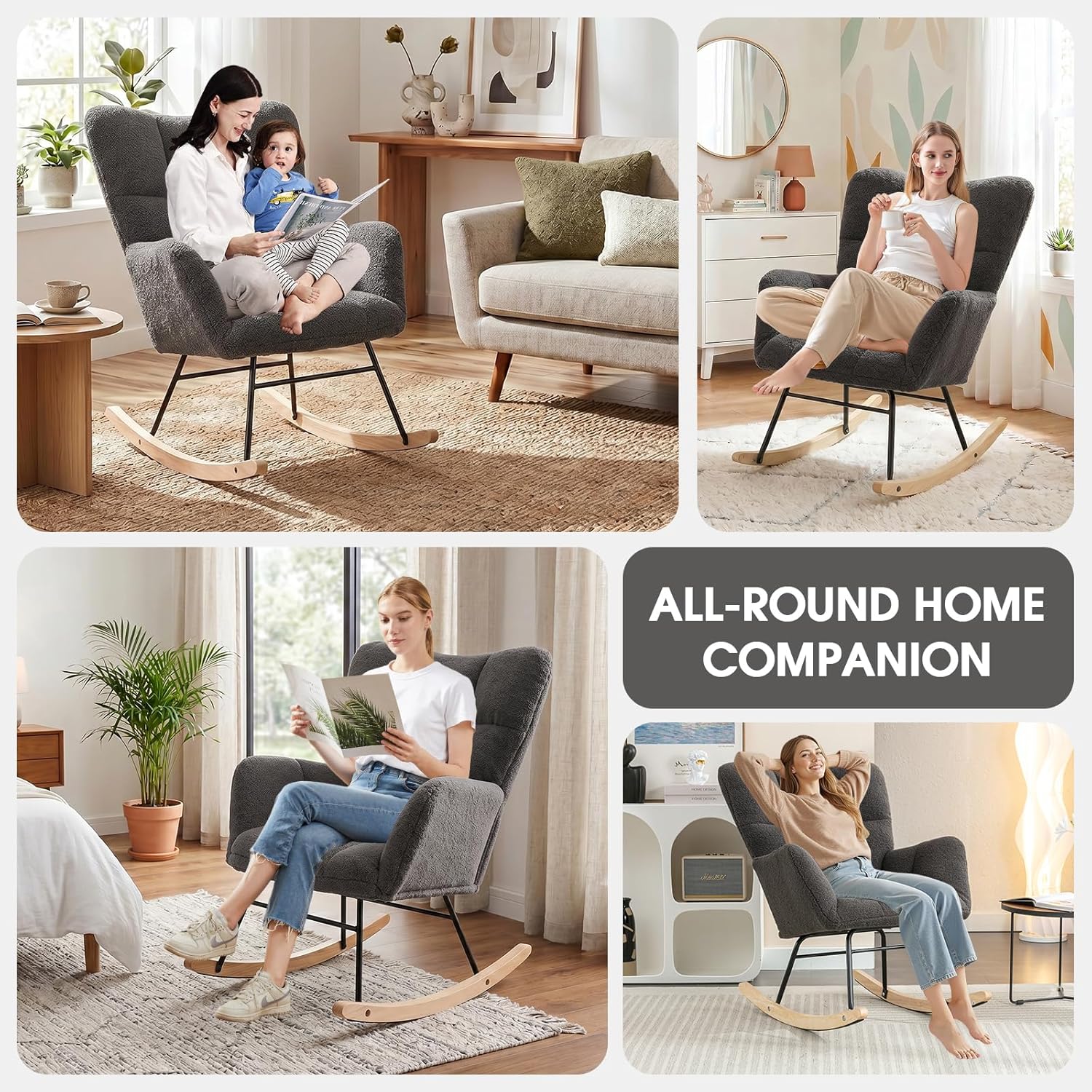 Rocking Chair Nursery, Teddy Upholstered Rocker Glider Chair with High Back, Rocker Recliner with Armrest, Gliding Chair with Thick Cushion, Accent Reading Chair for Bedroom (Dark Grey)