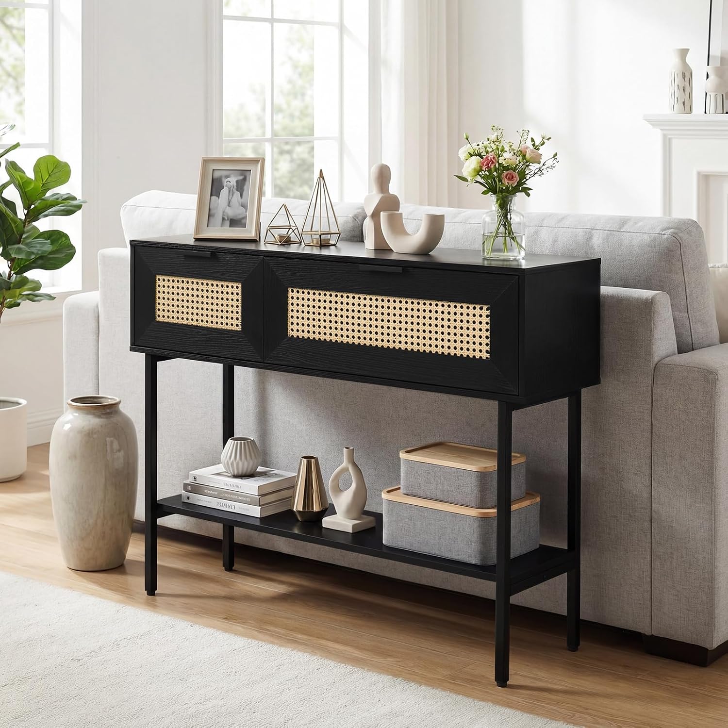 GOFLAME 40” Rattan Console Table, Narrow Long Entryway Table with Storage Shelf, 2 Flip Door Cabinets, Metal Frame, Boho, Farmhouse Behind Couch Sofa Tables for Living Room, Hallway (Black)